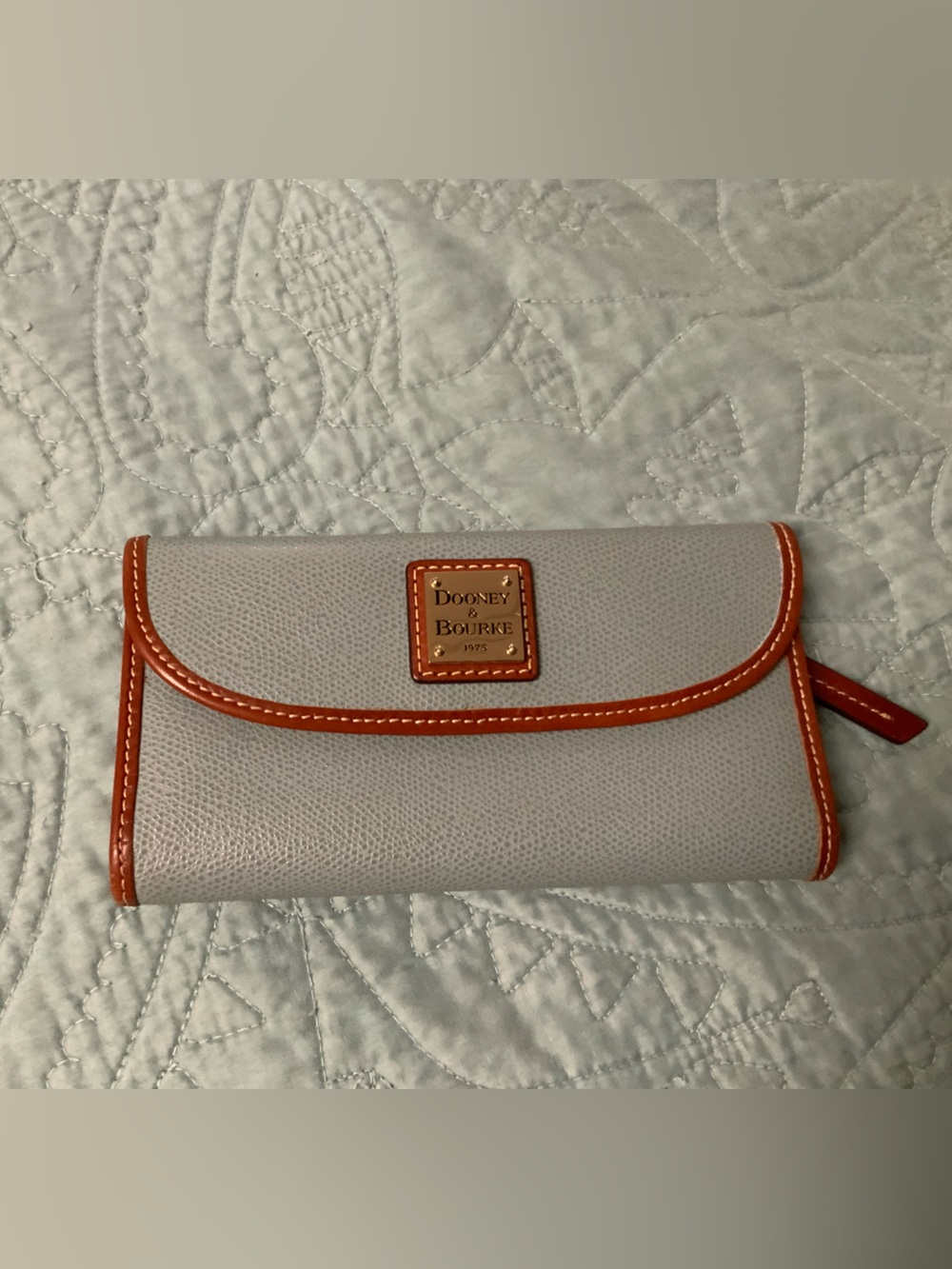 Dooney & Bourke Grey/Blue wallet with Brown Trim and Gold Hardware